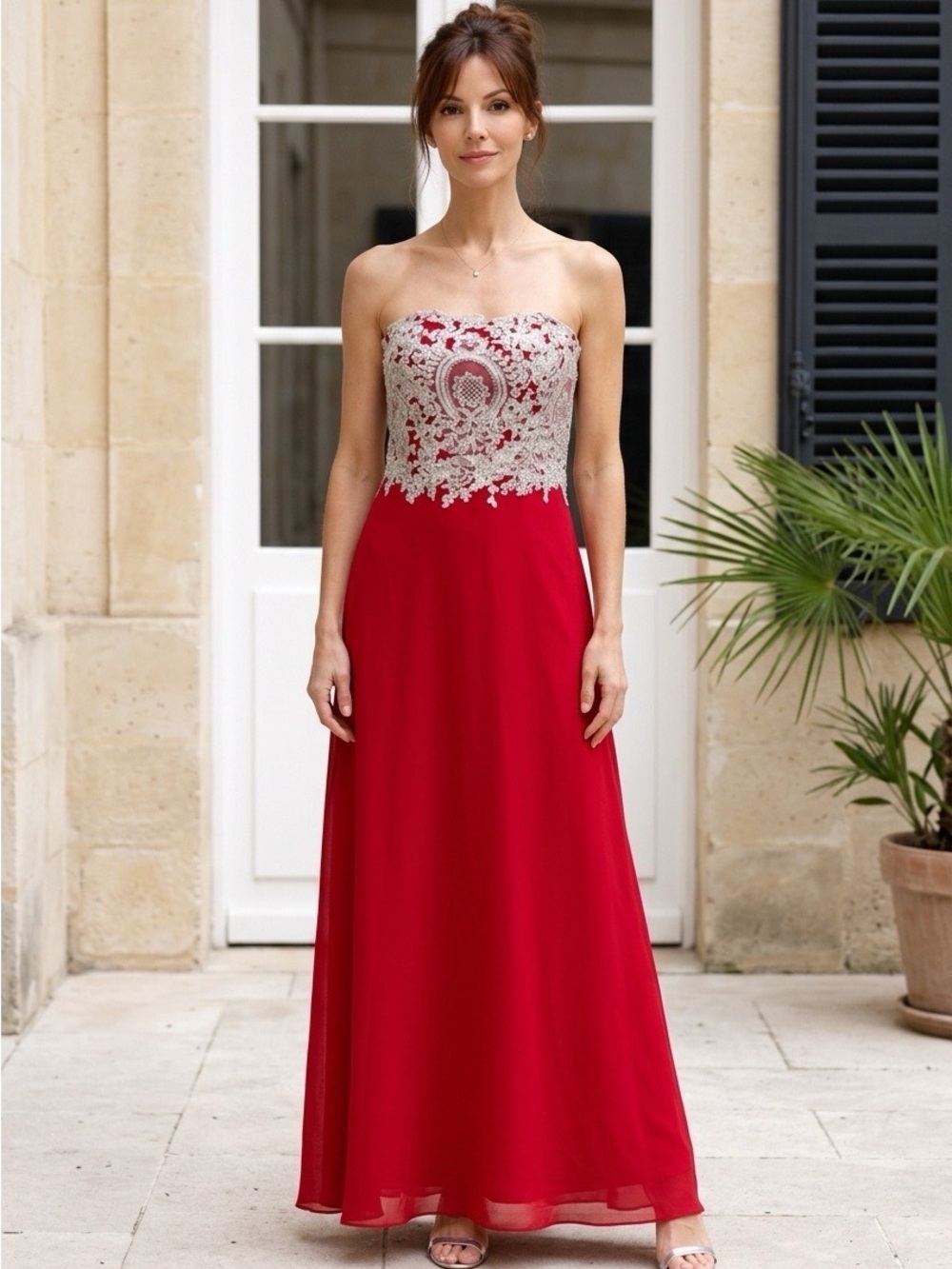 2159 - Elegant Red Evening Gown with Silver Lace Bodice